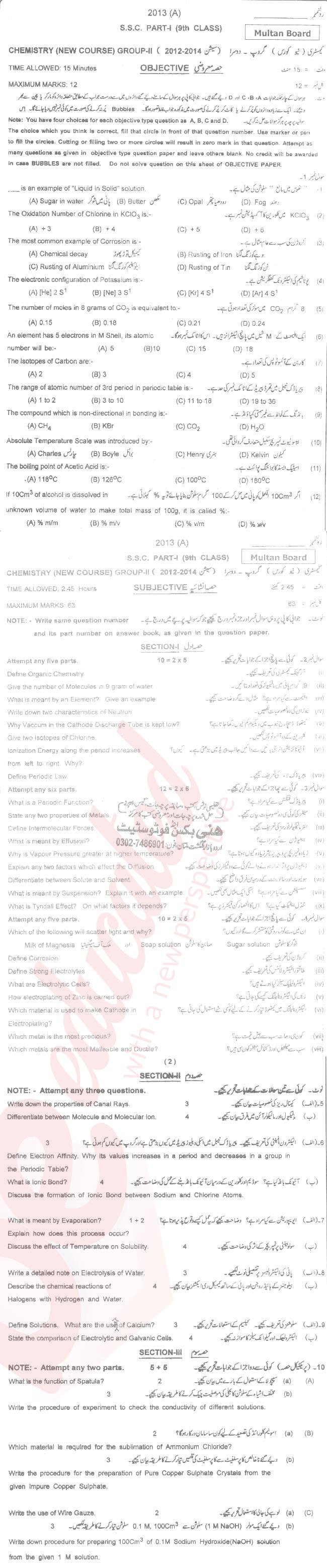 Chemistry 9th English Medium Past Paper Group 2 BISE Multan 2013