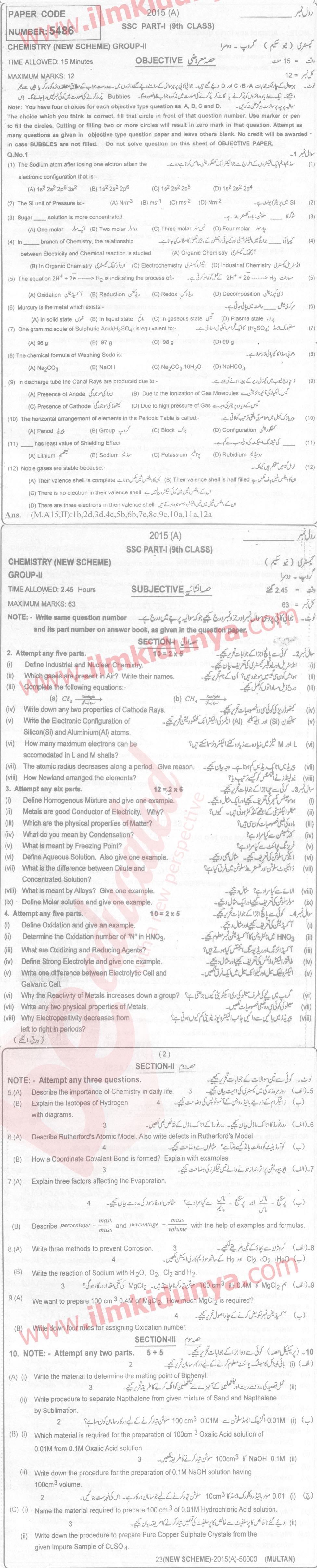 Chemistry 9th English Medium Past Paper Group 2 BISE Multan 2015