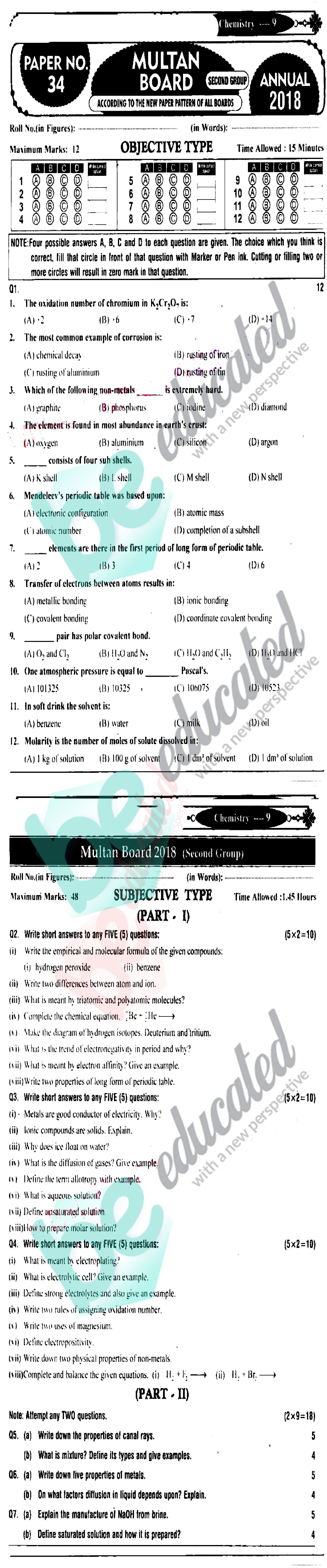 Chemistry 9th English Medium Past Paper Group 2 BISE Multan 2018