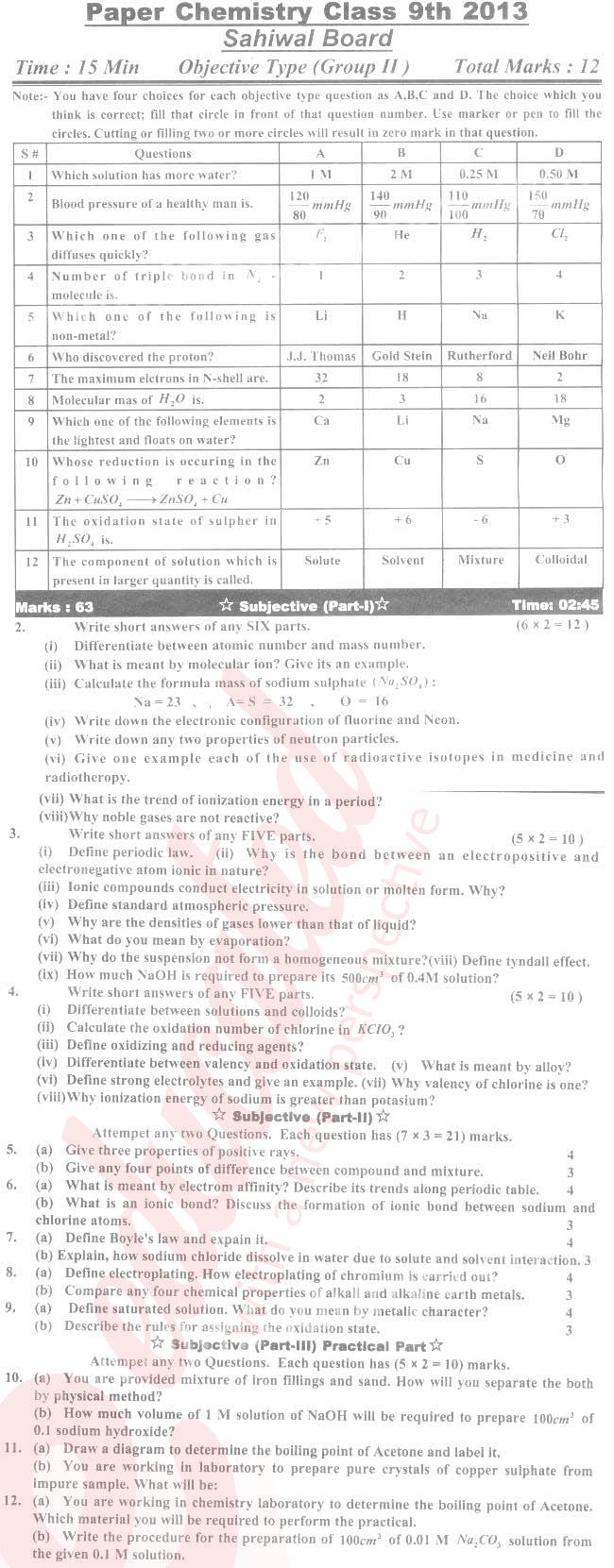 Chemistry 9th English Medium Past Paper Group 2 BISE Sahiwal 2013