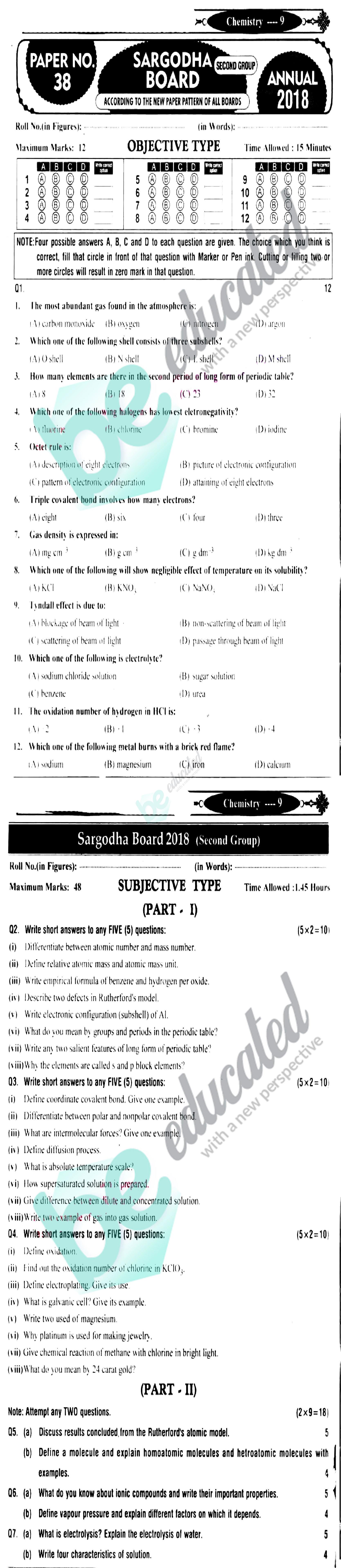 Chemistry 9th English Medium Past Paper Group 2 BISE Sargodha 2018