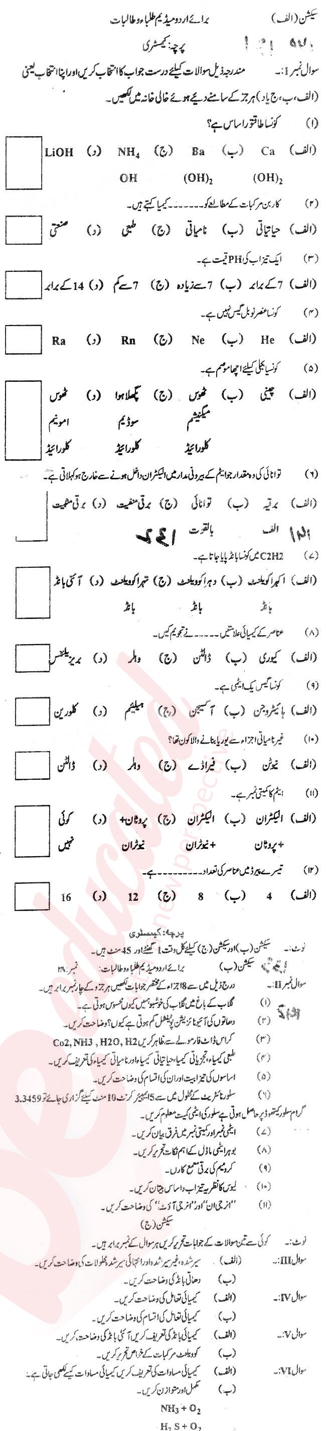 Chemistry 9th Urdu Medium Past Paper Group 1 BISE Bannu 2012
