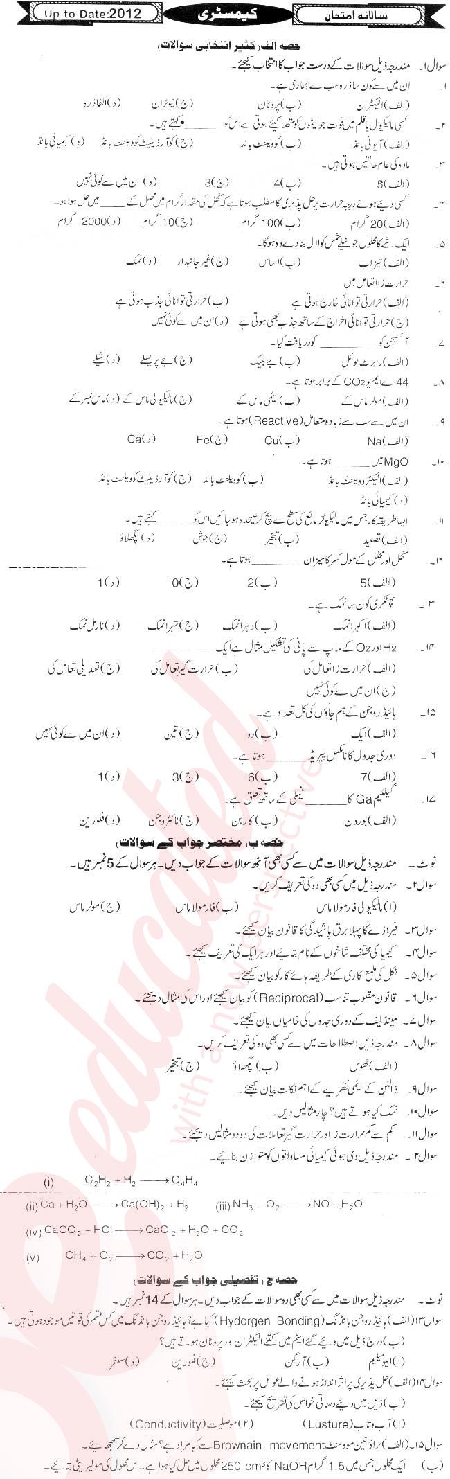 Chemistry 9th Urdu Medium Past Paper Group 1 BISE Hyderabad 2012