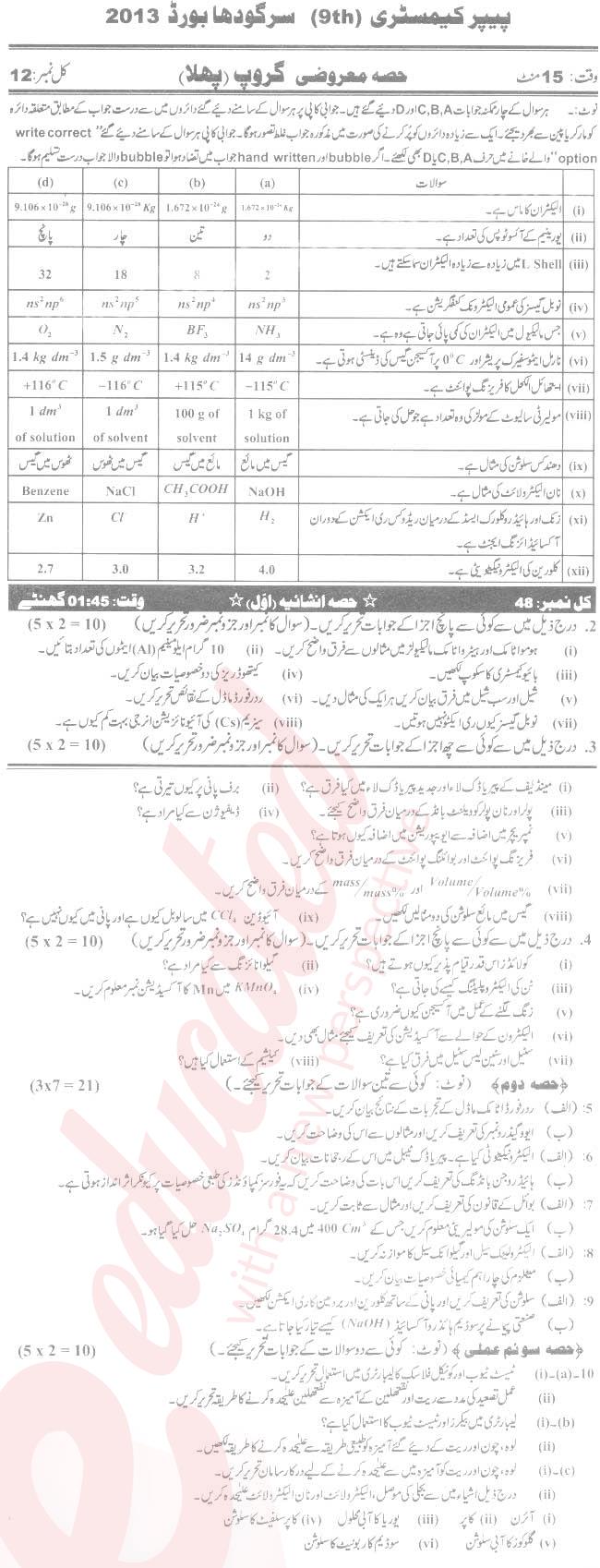 Chemistry 9th Urdu Medium Past Paper Group 1 BISE Sargodha 2013