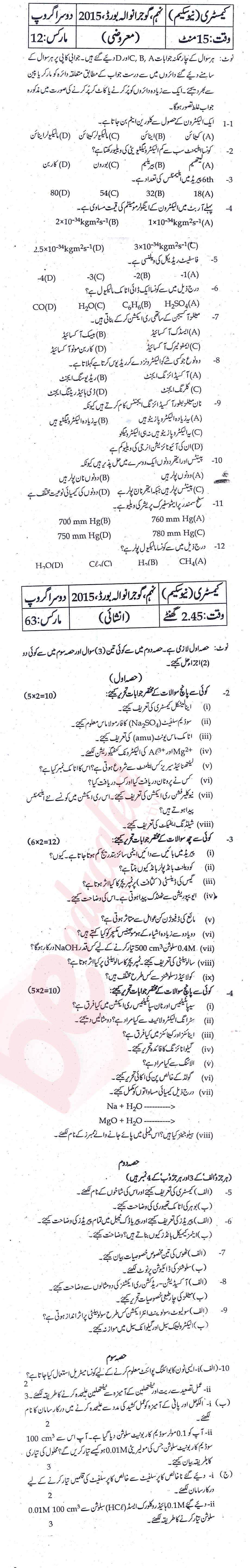 Chemistry 9th Urdu Medium Past Paper Group 2 BISE Gujranwala 2015