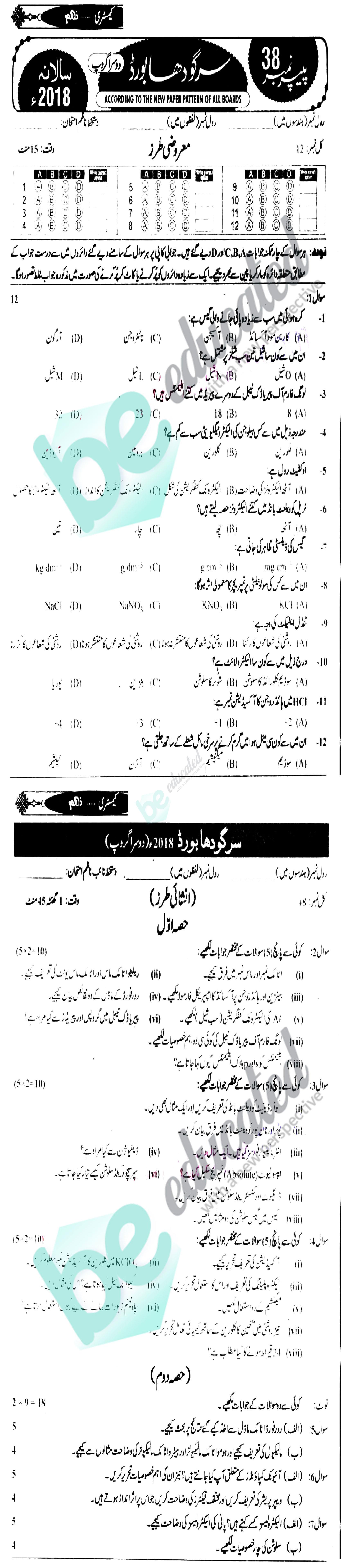 Chemistry 9th Urdu Medium Past Paper Group 2 BISE Sargodha 2018