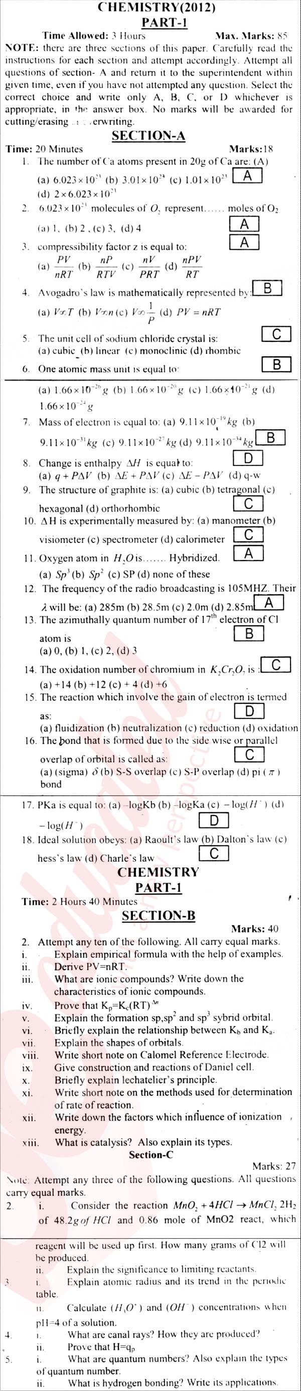 Chemistry FSC Part 1 Past Paper Group 1 BISE Abbottabad 2012