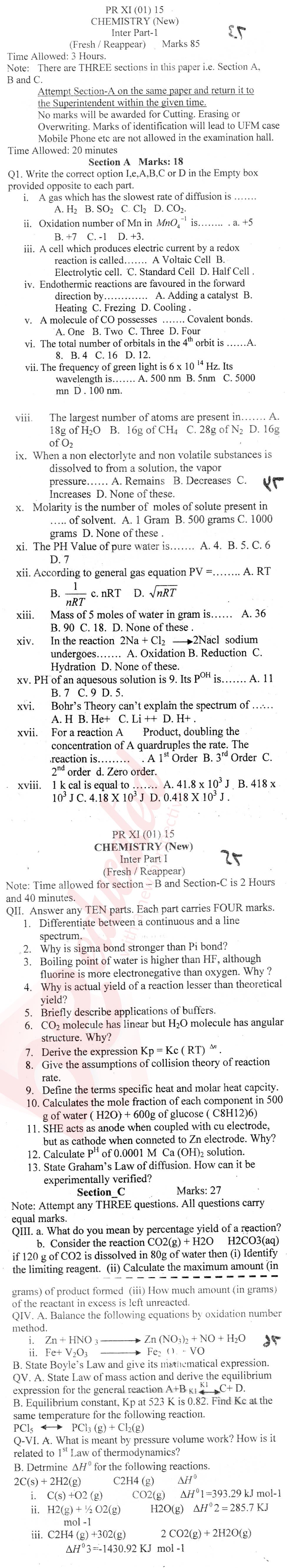 Chemistry FSC Part 1 Past Paper Group 1 BISE Abbottabad 2015