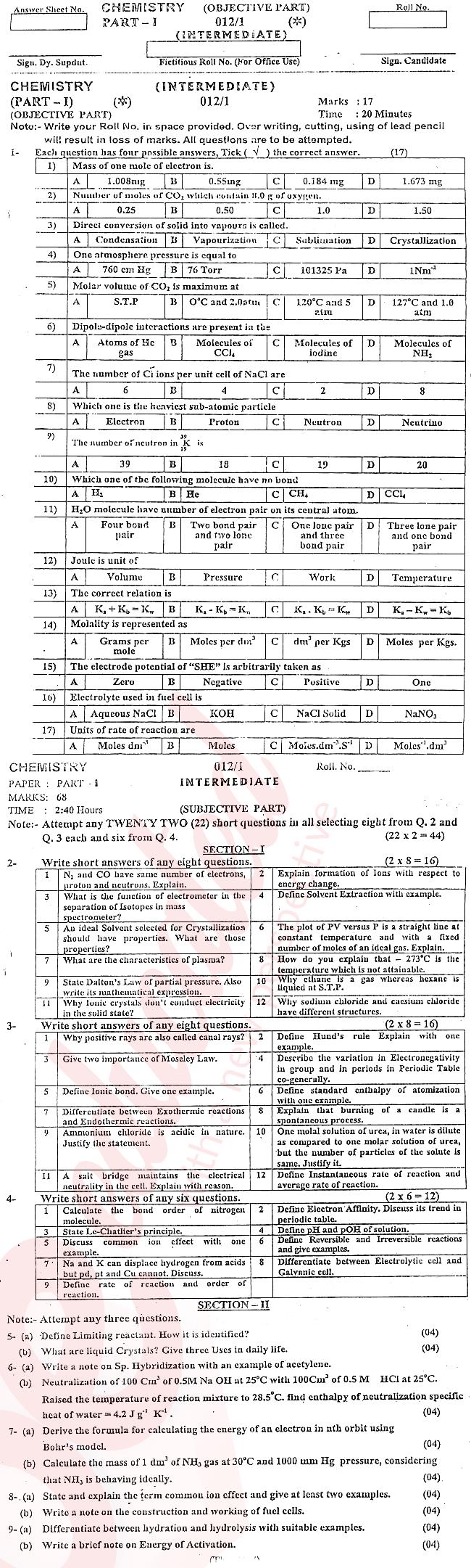 Chemistry FSC Part 1 Past Paper Group 1 BISE AJK 2012