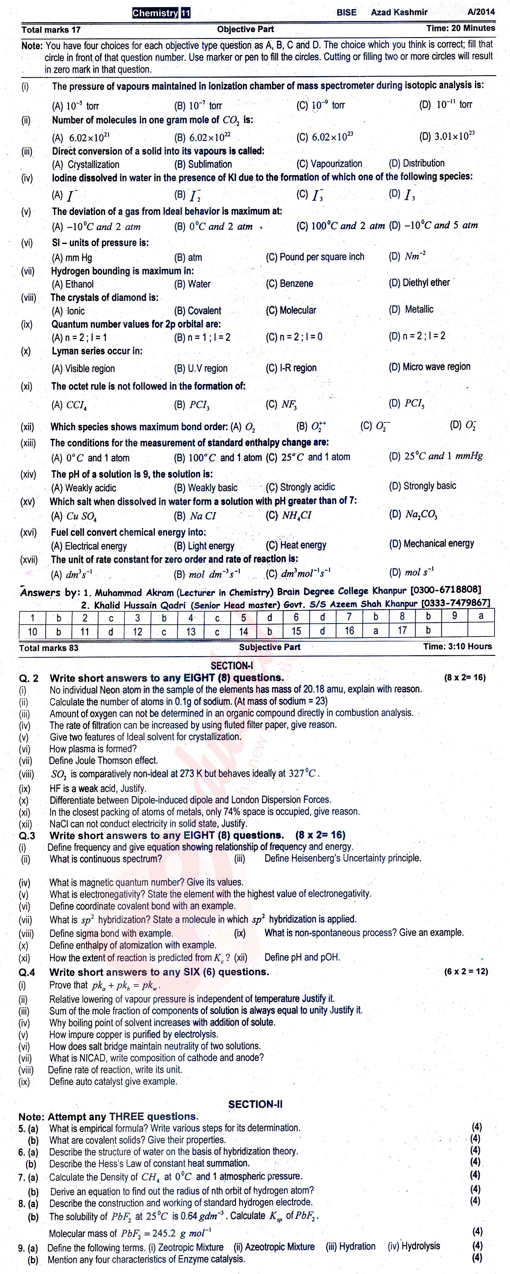 Chemistry FSC Part 1 Past Paper Group 1 BISE AJK 2014