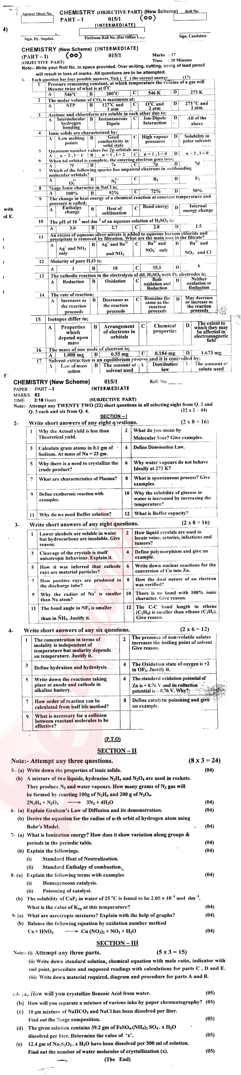 Chemistry FSC Part 1 Past Paper Group 1 BISE AJK 2015