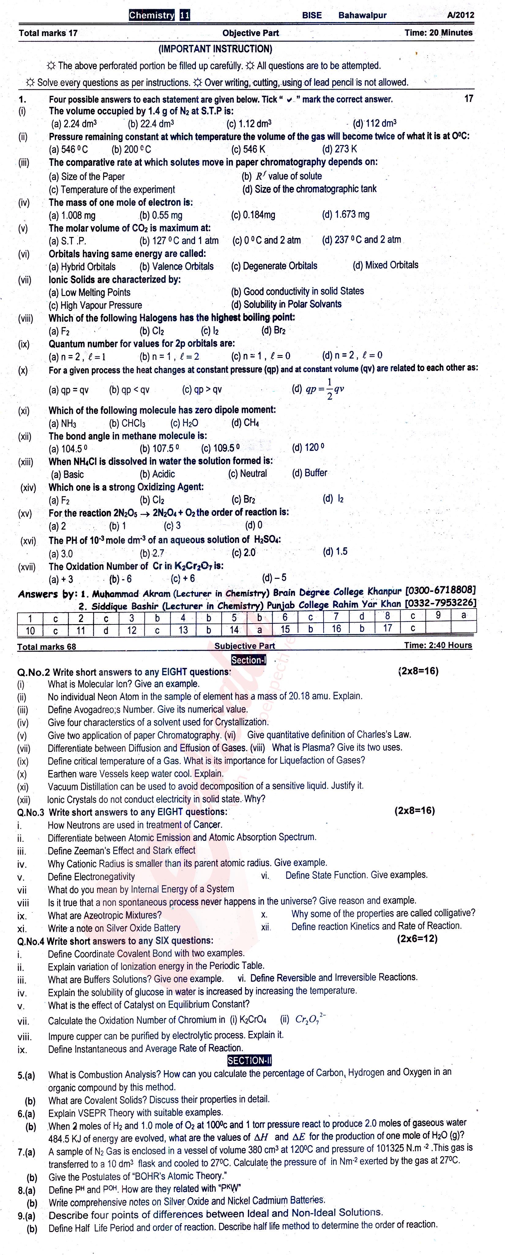 Chemistry FSC Part 1 Past Paper Group 1 BISE Bahawalpur 2012