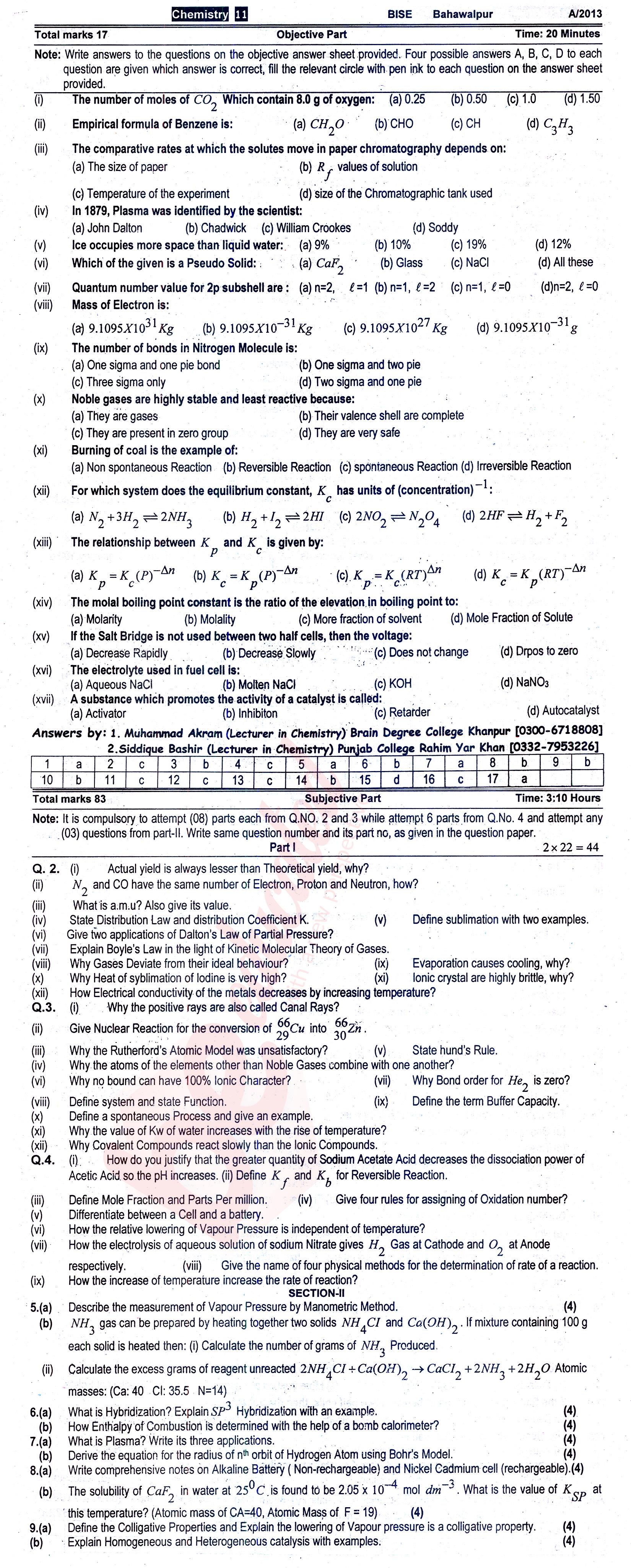 Chemistry FSC Part 1 Past Paper Group 1 BISE Bahawalpur 2013