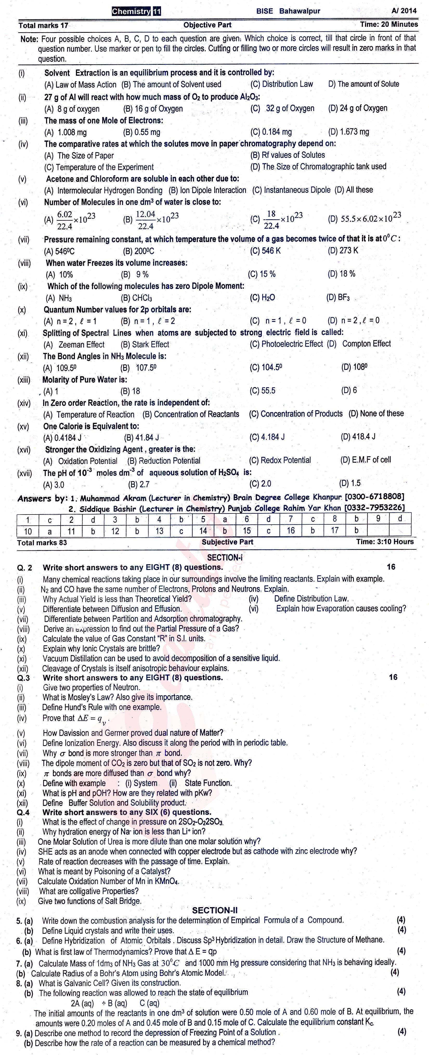 Chemistry FSC Part 1 Past Paper Group 1 BISE Bahawalpur 2014