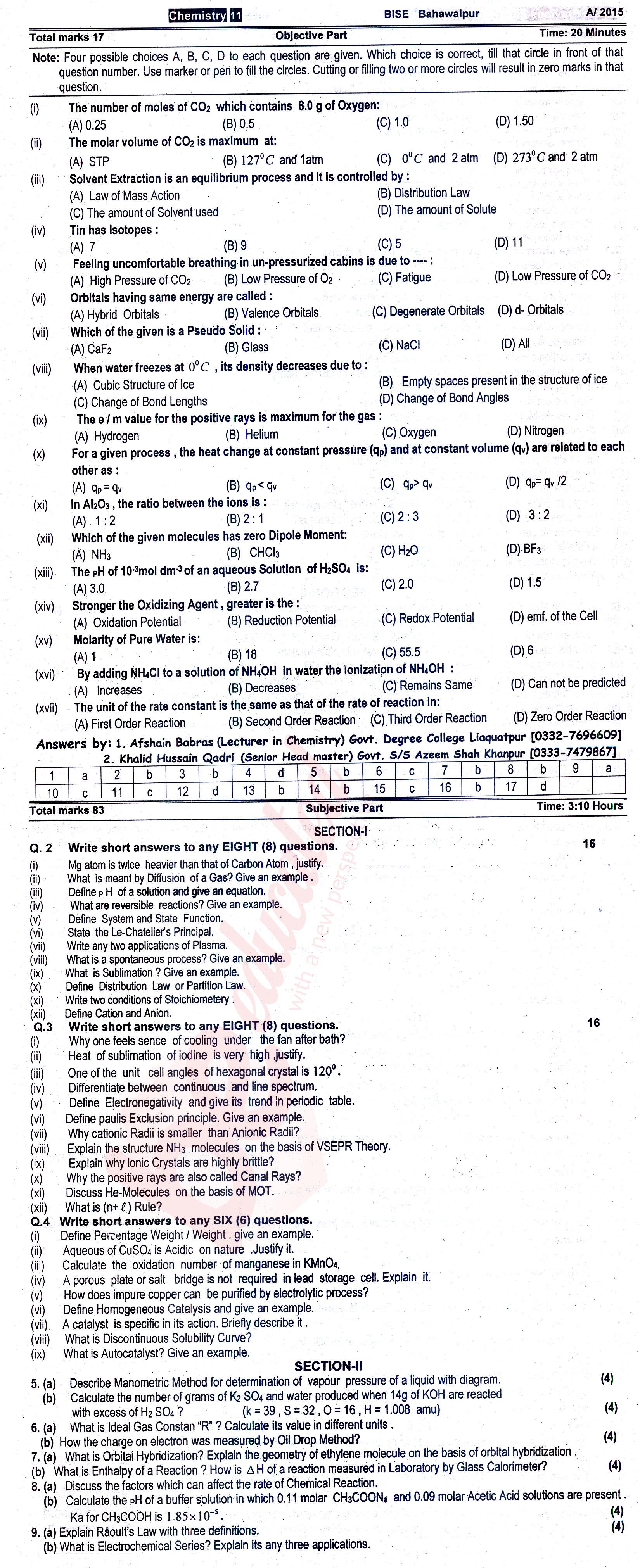 Chemistry FSC Part 1 Past Paper Group 1 BISE Bahawalpur 2015