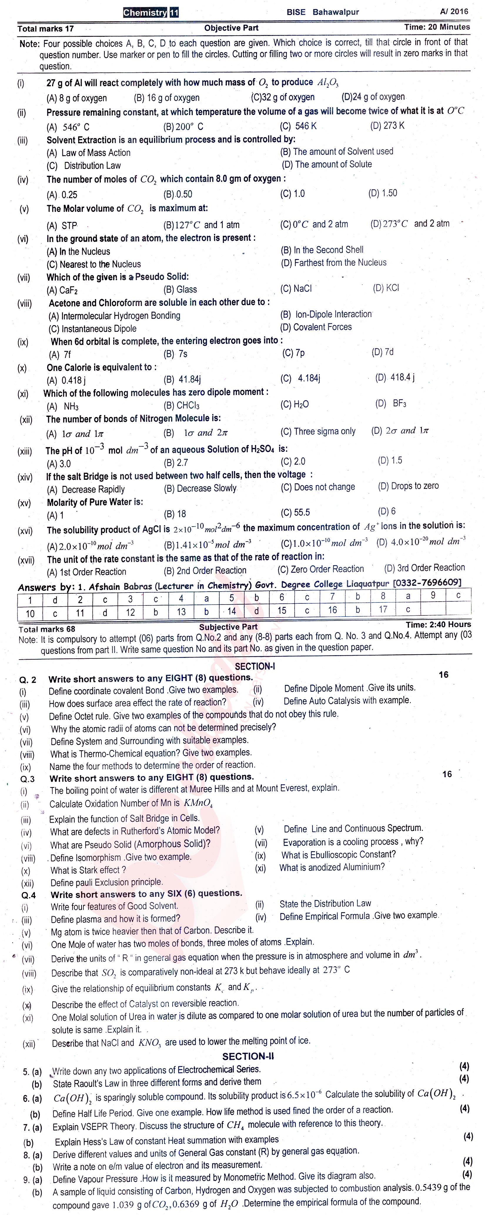 Chemistry FSC Part 1 Past Paper Group 1 BISE Bahawalpur 2016