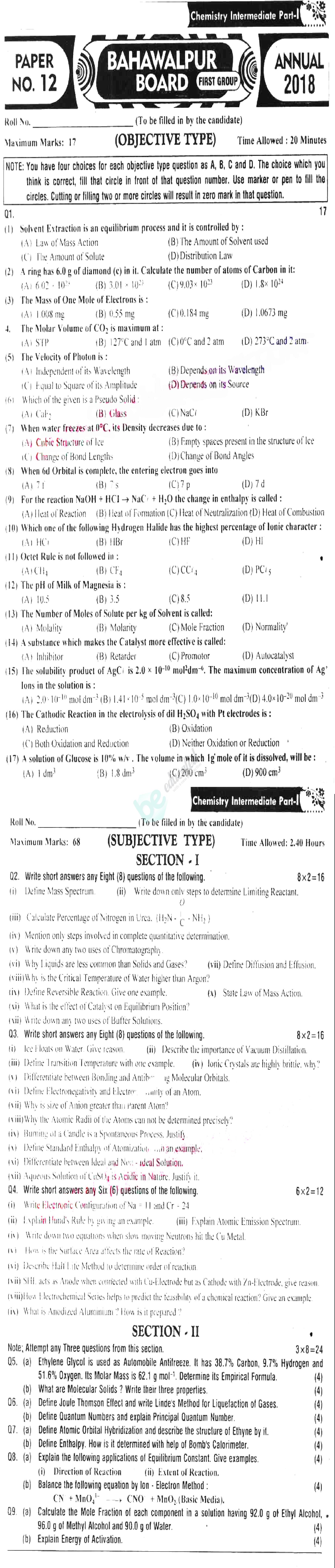 Chemistry FSC Part 1 Past Paper Group 1 BISE Bahawalpur 2018