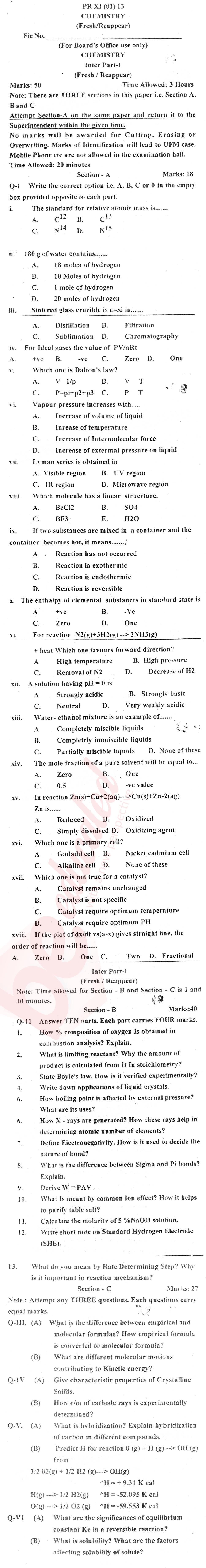 Chemistry FSC Part 1 Past Paper Group 1 BISE Bannu 2013