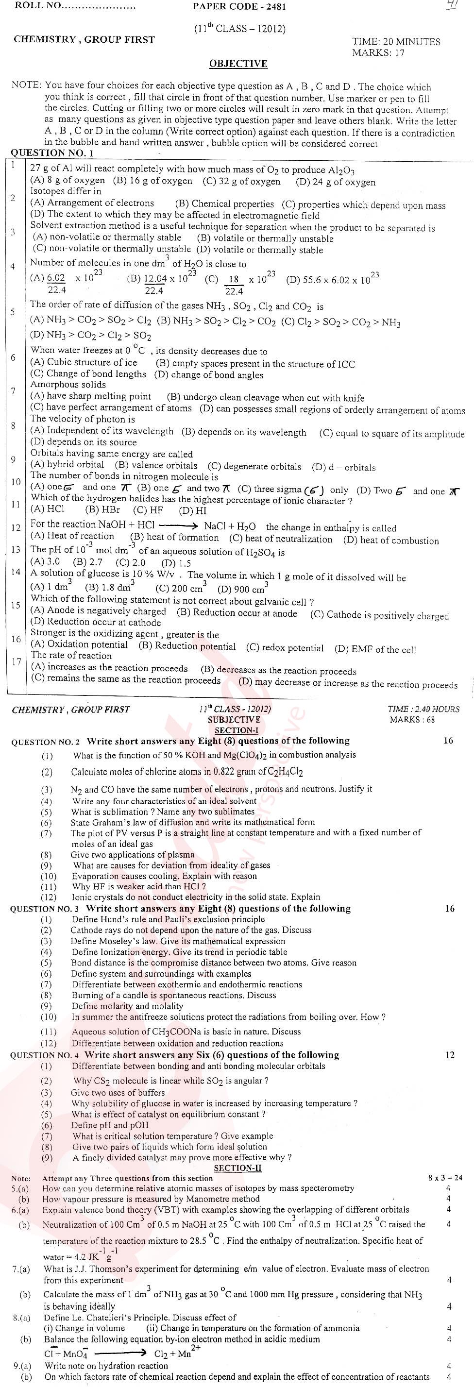 Chemistry FSC Part 1 Past Paper Group 1 BISE DG Khan 2012