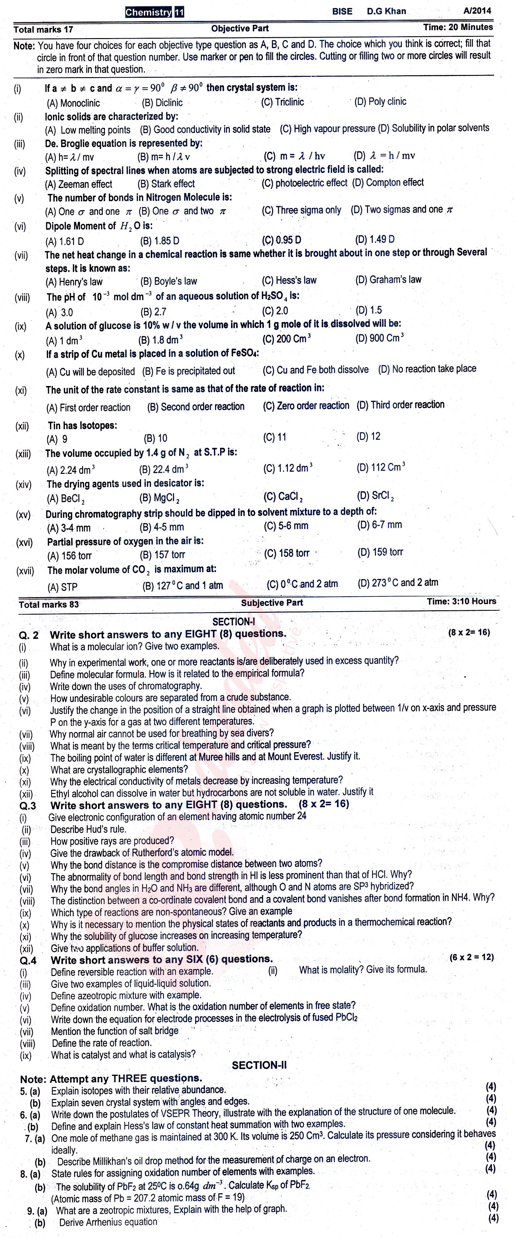 Chemistry FSC Part 1 Past Paper Group 1 BISE DG Khan 2014