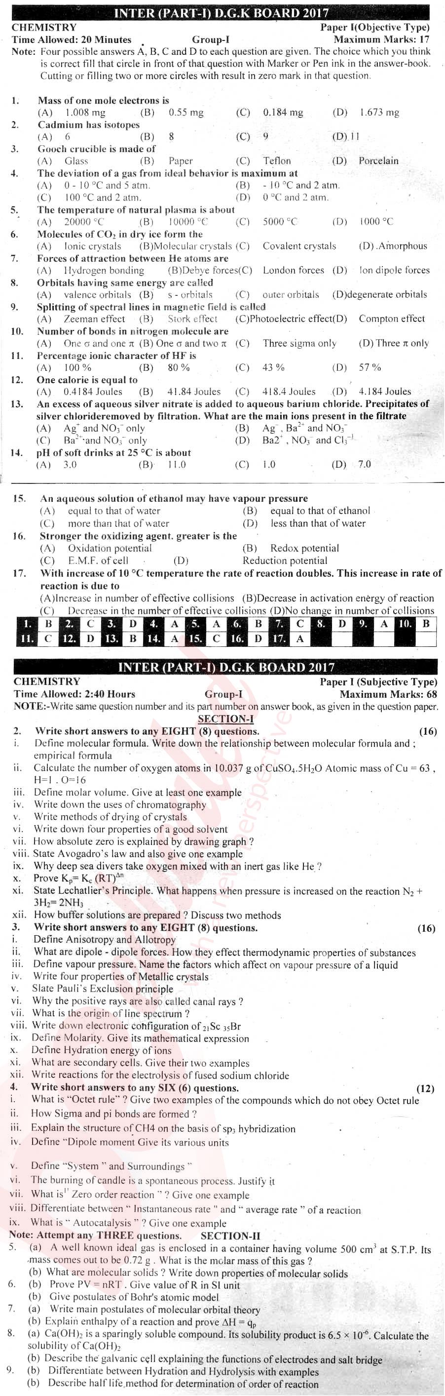 Chemistry FSC Part 1 Past Paper Group 1 BISE DG Khan 2017