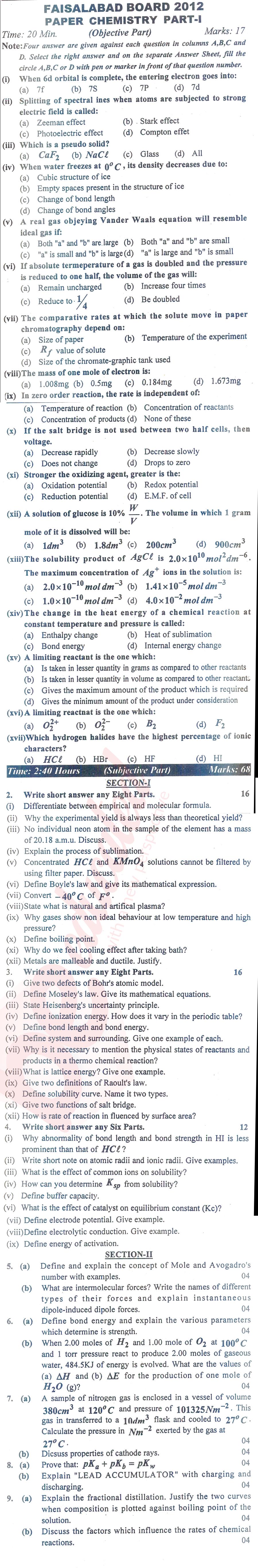 Chemistry FSC Part 1 Past Paper Group 1 BISE Faisalabad 2012