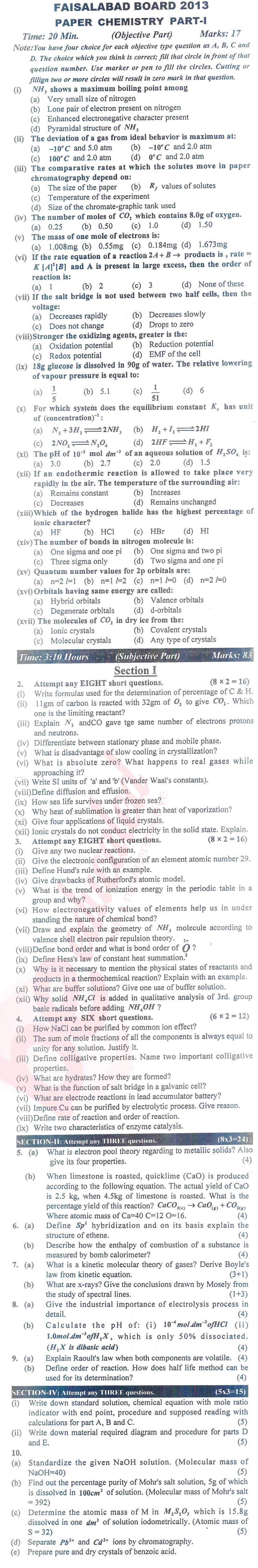 Chemistry FSC Part 1 Past Paper Group 1 BISE Faisalabad 2013