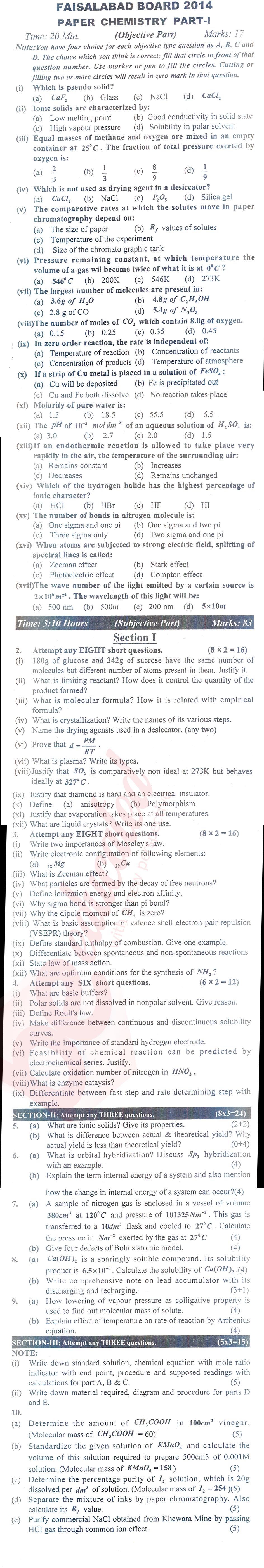 Chemistry FSC Part 1 Past Paper Group 1 BISE Faisalabad 2014
