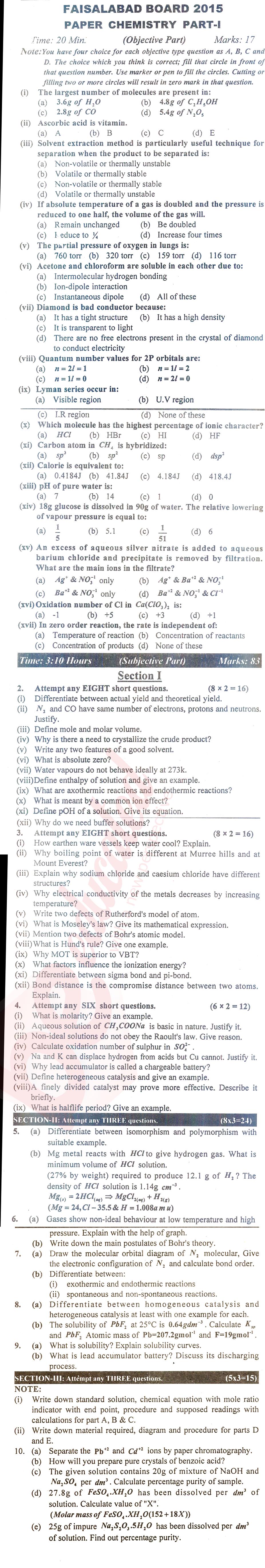 Chemistry FSC Part 1 Past Paper Group 1 BISE Faisalabad 2015