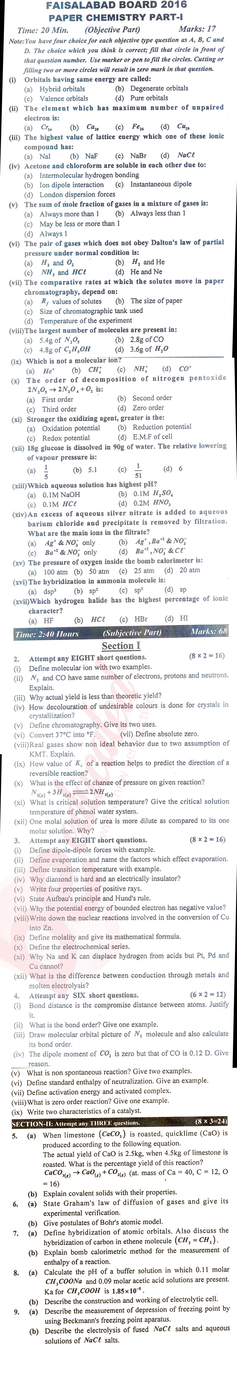 Chemistry FSC Part 1 Past Paper Group 1 BISE Faisalabad 2016