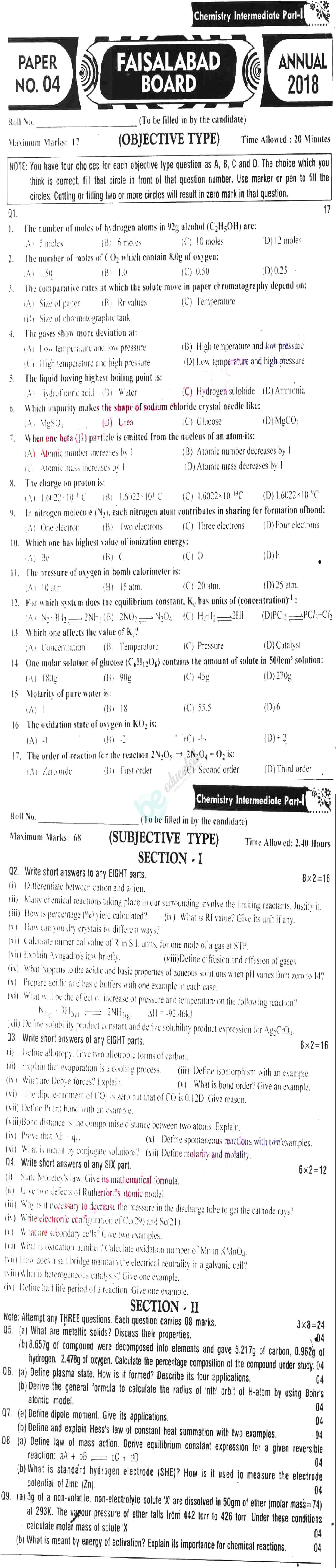 Chemistry FSC Part 1 Past Paper Group 1 BISE Faisalabad 2018