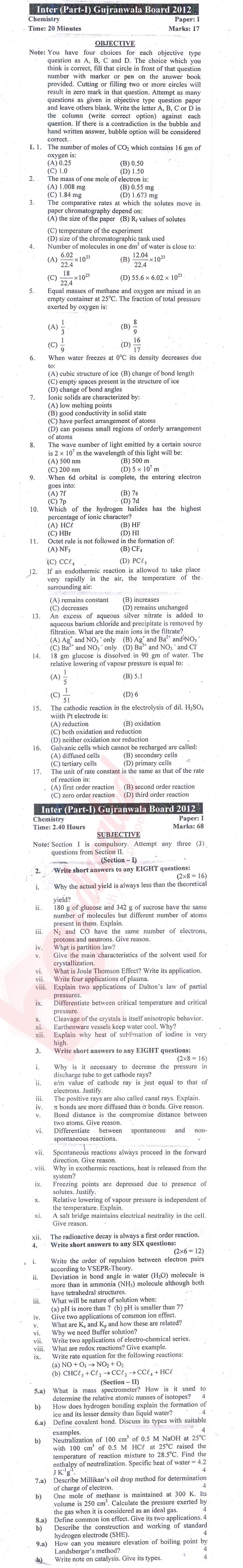 Chemistry FSC Part 1 Past Paper Group 1 BISE Gujranwala 2012