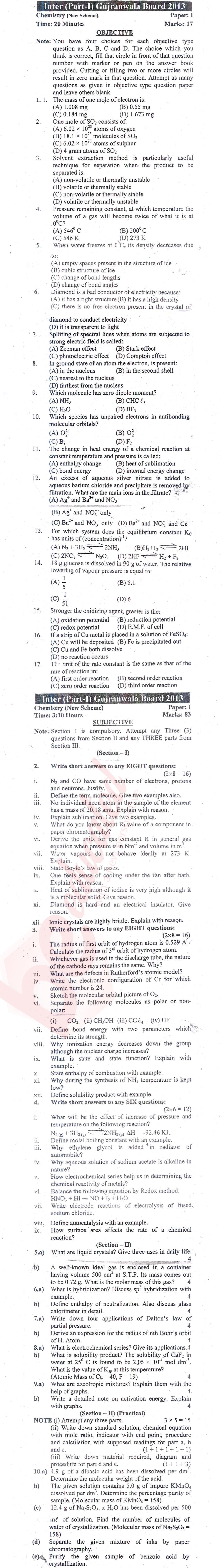 Chemistry FSC Part 1 Past Paper Group 1 BISE Gujranwala 2013