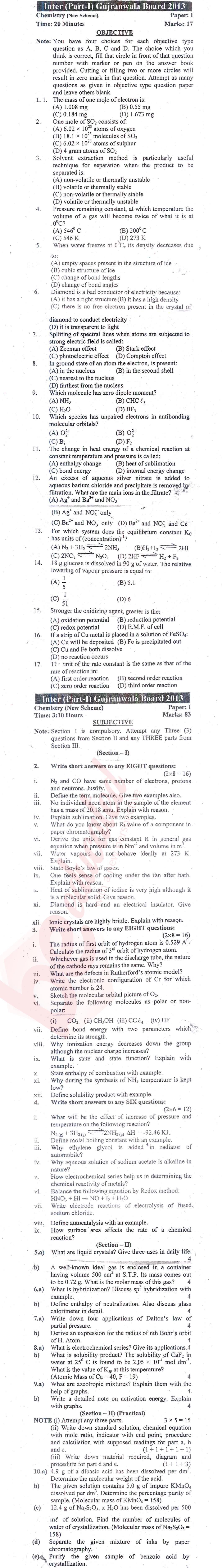Chemistry FSC Part 1 Past Paper Group 1 BISE Gujranwala 2013