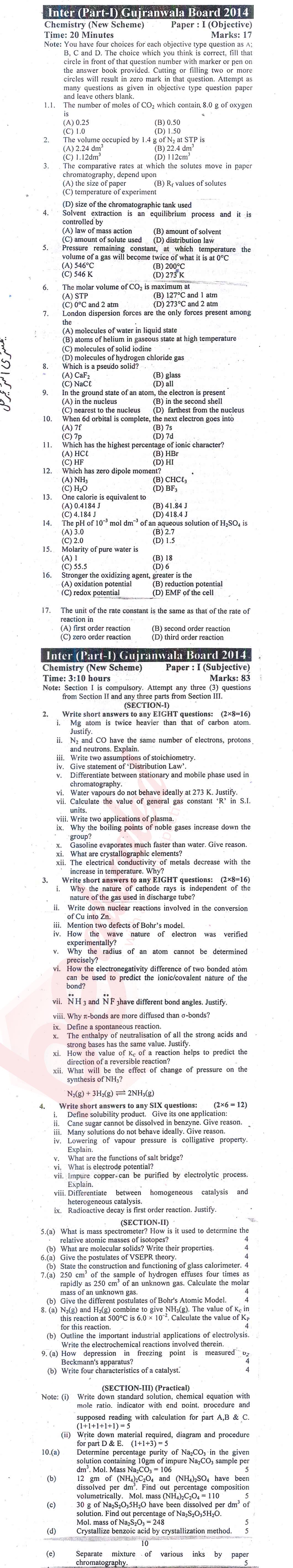 Chemistry FSC Part 1 Past Paper Group 1 BISE Gujranwala 2014