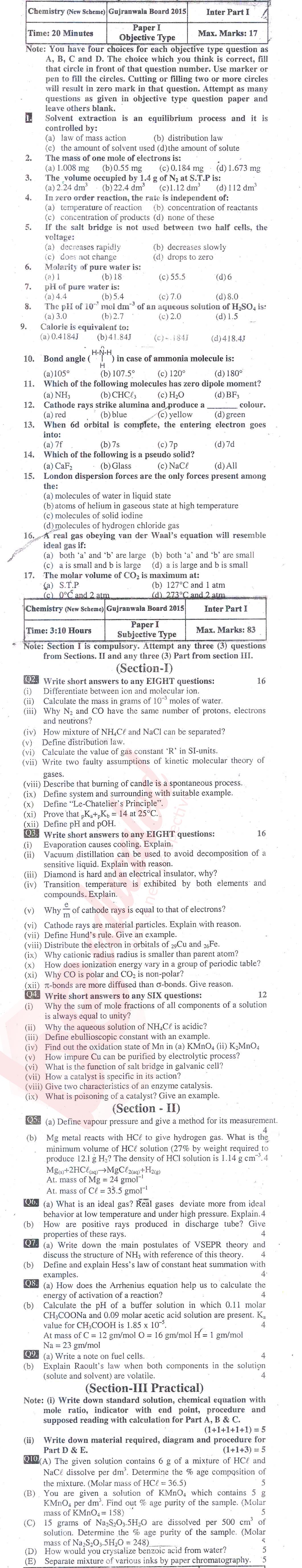 Chemistry FSC Part 1 Past Paper Group 1 BISE Gujranwala 2015