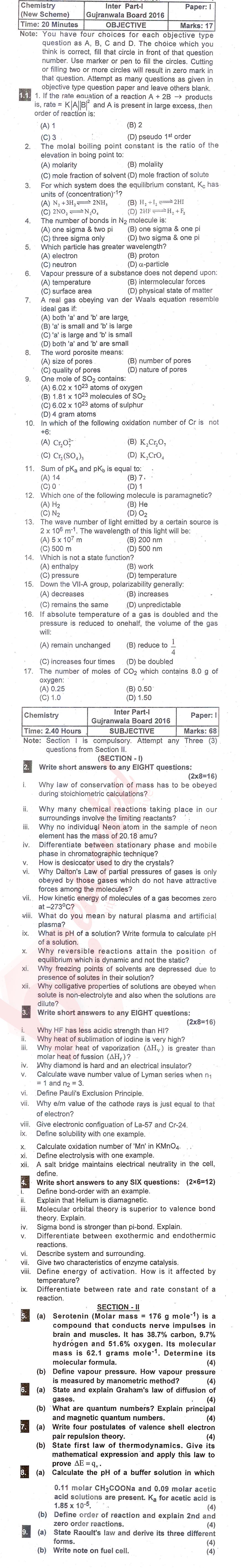 Chemistry FSC Part 1 Past Paper Group 1 BISE Gujranwala 2016