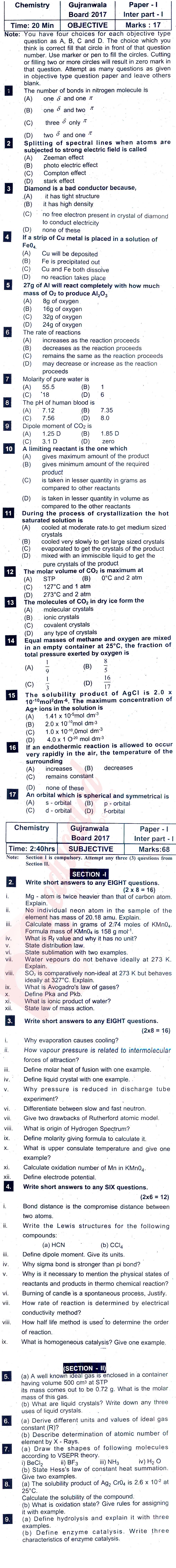 Chemistry FSC Part 1 Past Paper Group 1 BISE Gujranwala 2017