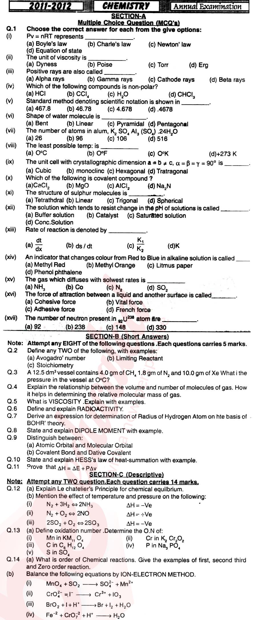 Chemistry FSC Part 1 Past Paper Group 1 BISE Hyderabad 2012