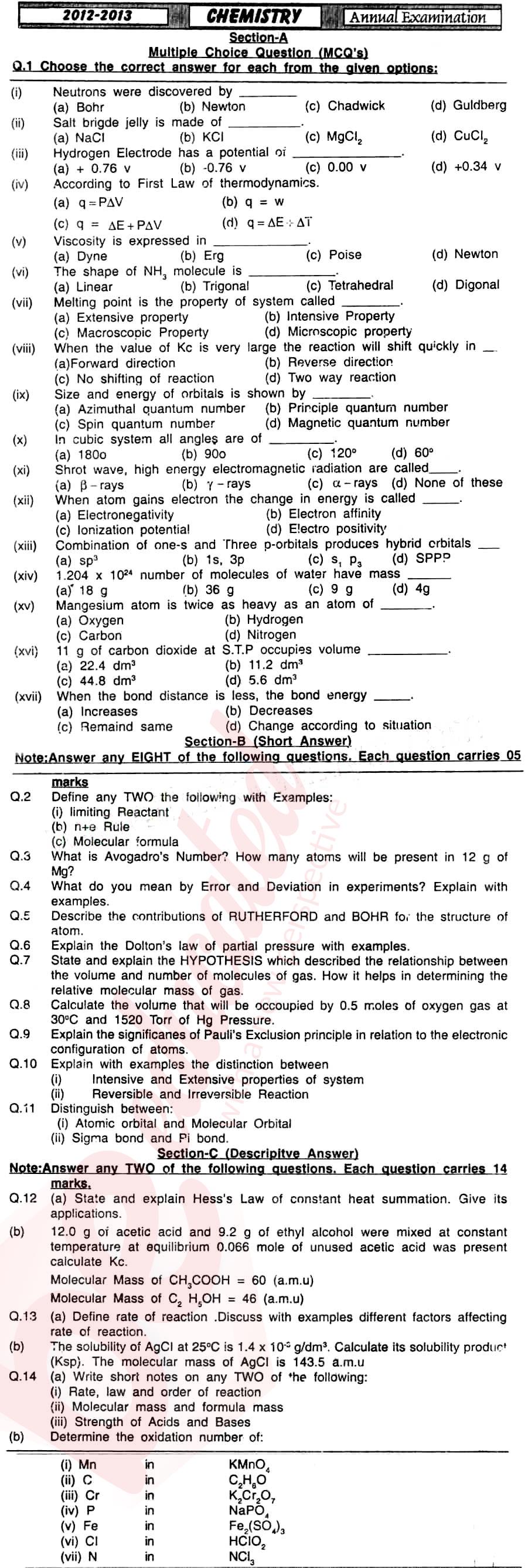 Chemistry FSC Part 1 Past Paper Group 1 BISE Hyderabad 2013