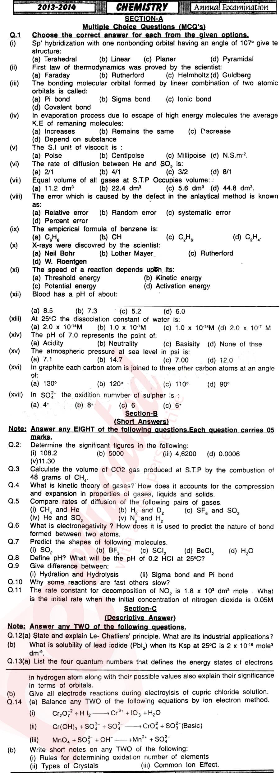 Chemistry FSC Part 1 Past Paper Group 1 BISE Hyderabad 2014