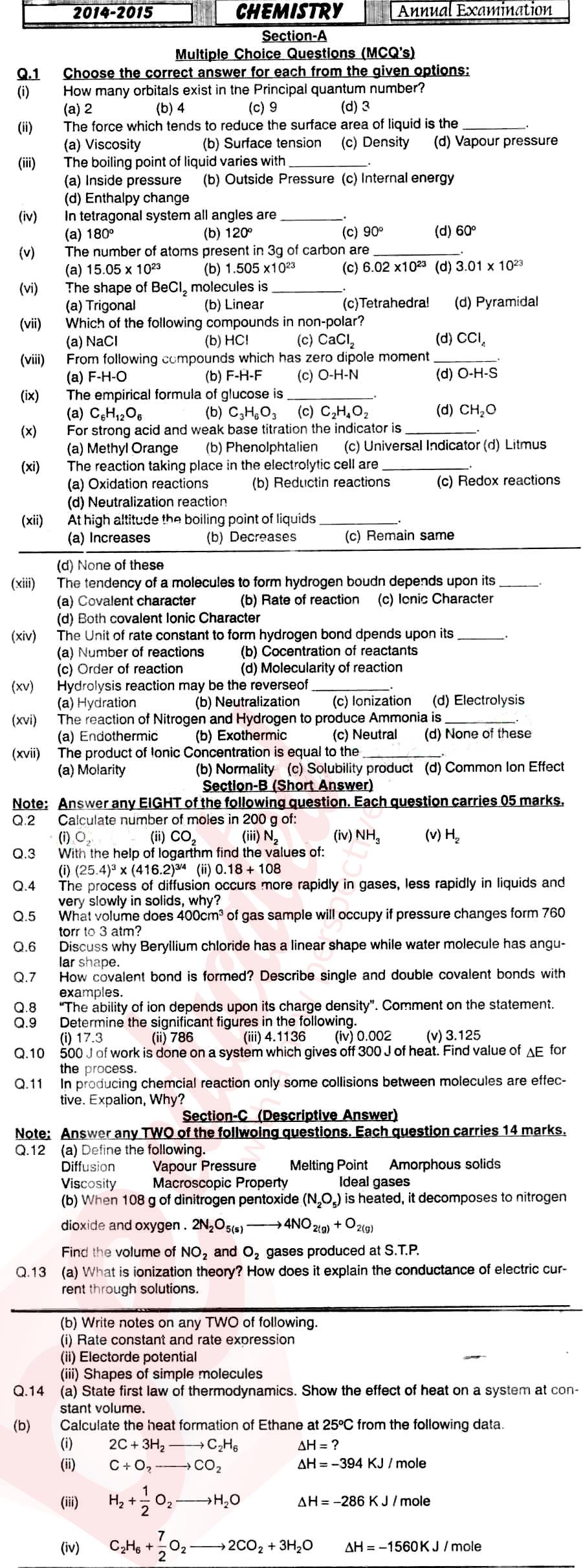 Chemistry FSC Part 1 Past Paper Group 1 BISE Hyderabad 2015