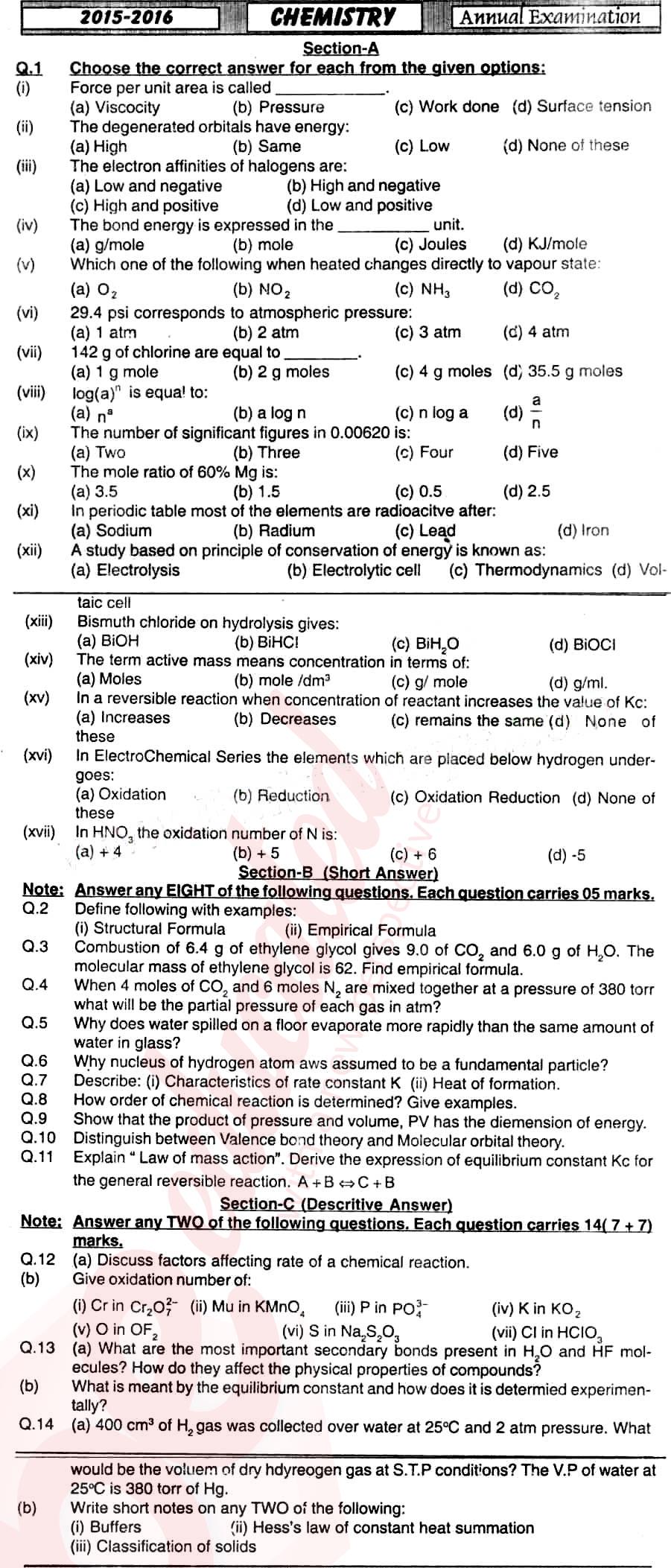 Chemistry FSC Part 1 Past Paper Group 1 BISE Hyderabad 2016