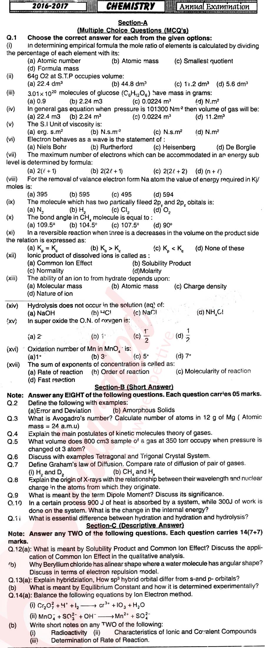 Chemistry FSC Part 1 Past Paper Group 1 BISE Hyderabad 2017