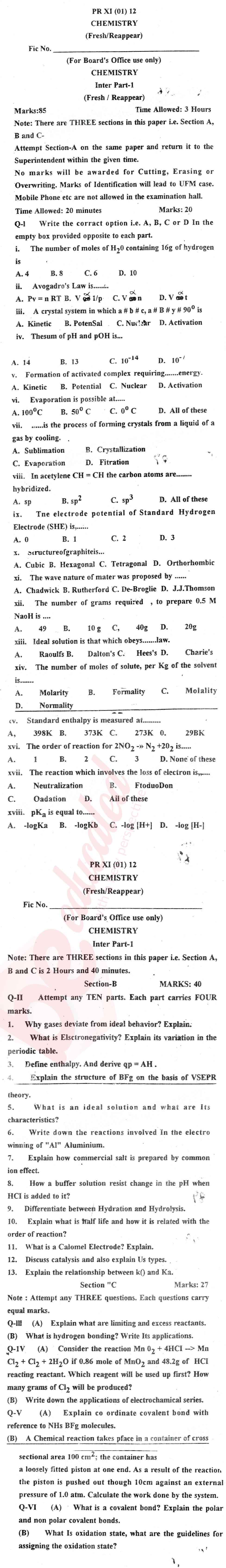Chemistry FSC Part 1 Past Paper Group 1 BISE Kohat 2012