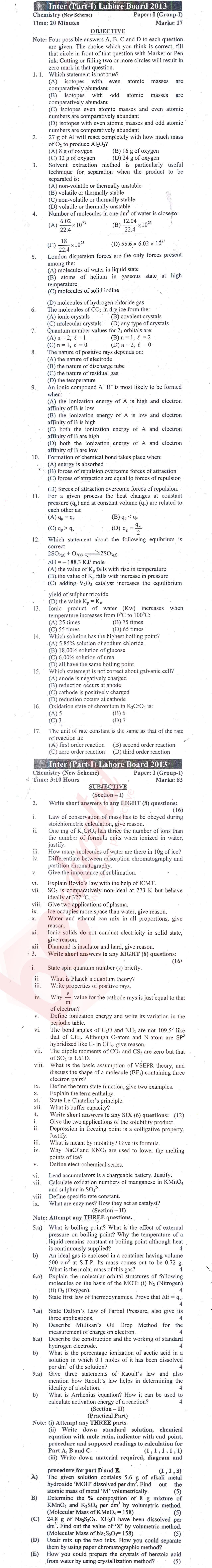 Chemistry FSC Part 1 Past Paper Group 1 BISE Lahore 2013