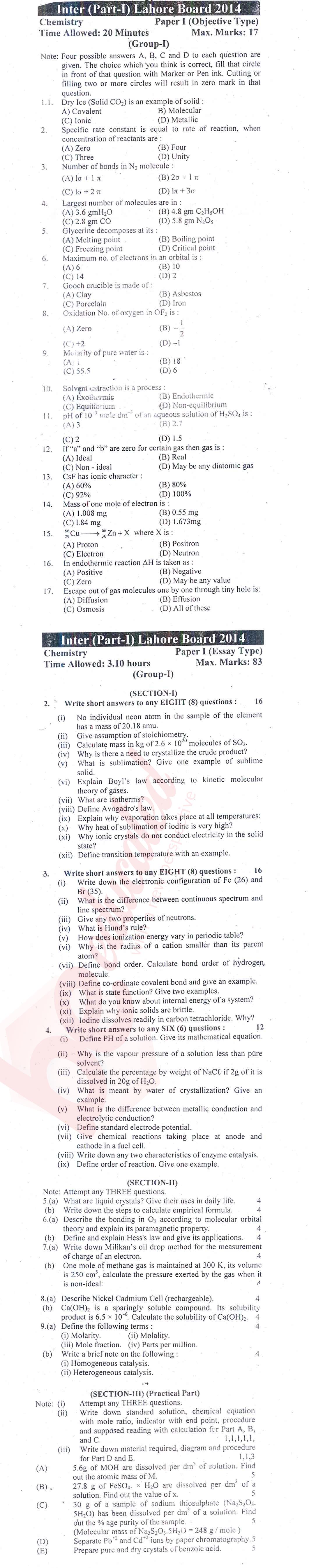 Chemistry FSC Part 1 Past Paper Group 1 BISE Lahore 2014