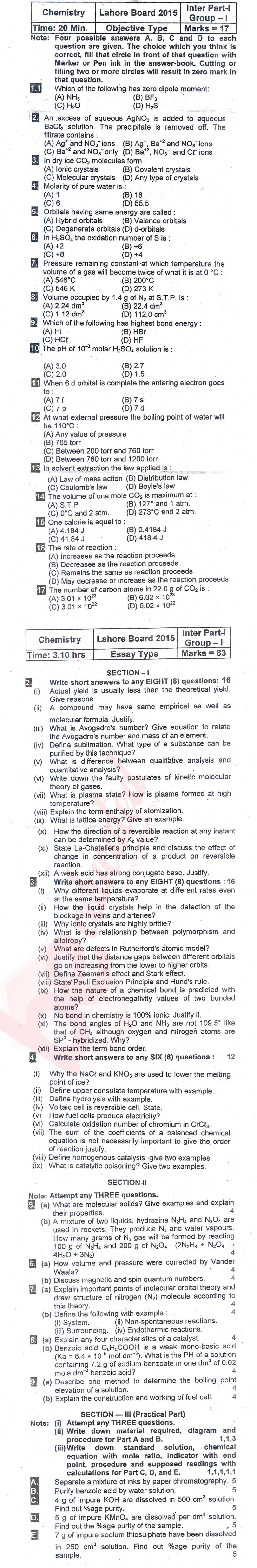 Chemistry FSC Part 1 Past Paper Group 1 BISE Lahore 2015