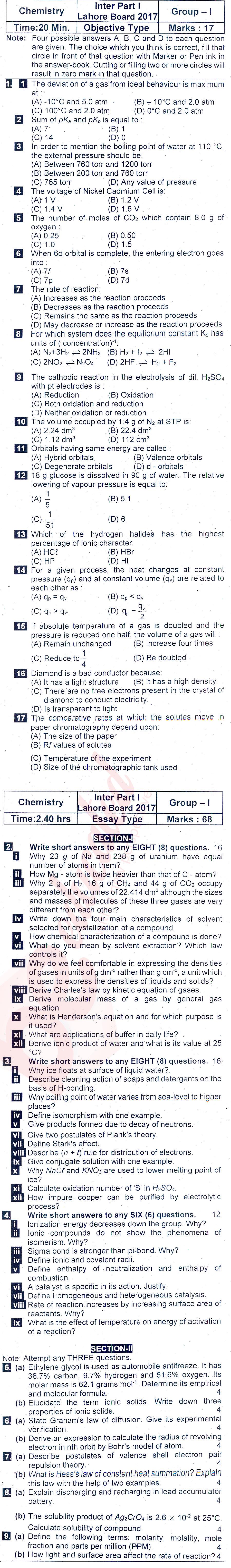 Chemistry FSC Part 1 Past Paper Group 1 BISE Lahore 2017