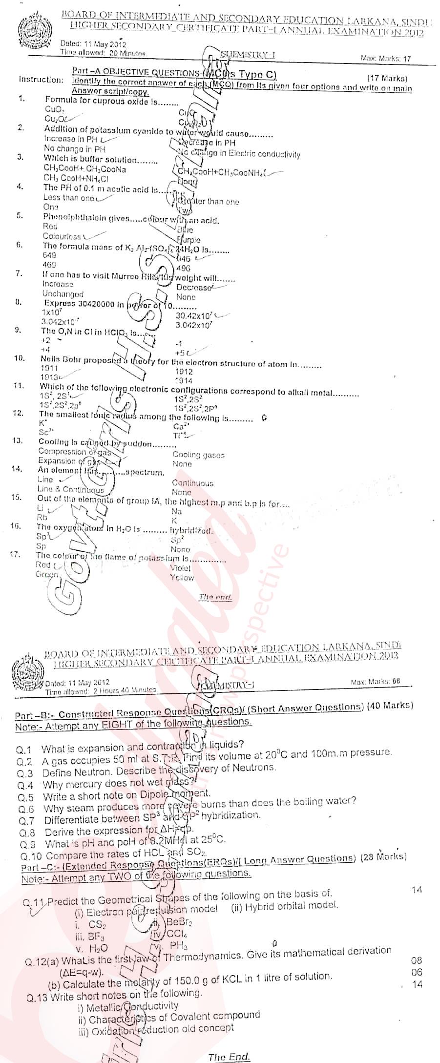 Chemistry FSC Part 1 Past Paper Group 1 BISE Larkana 2012